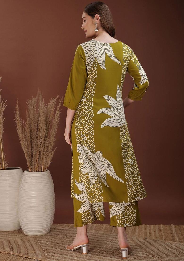 Green Printed Viscose Kurta Set - Indya