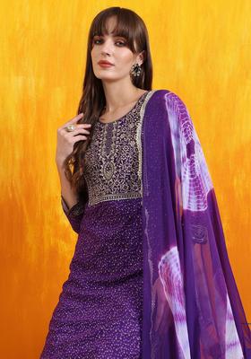 Purple Embroidered Cotton Kurta Set