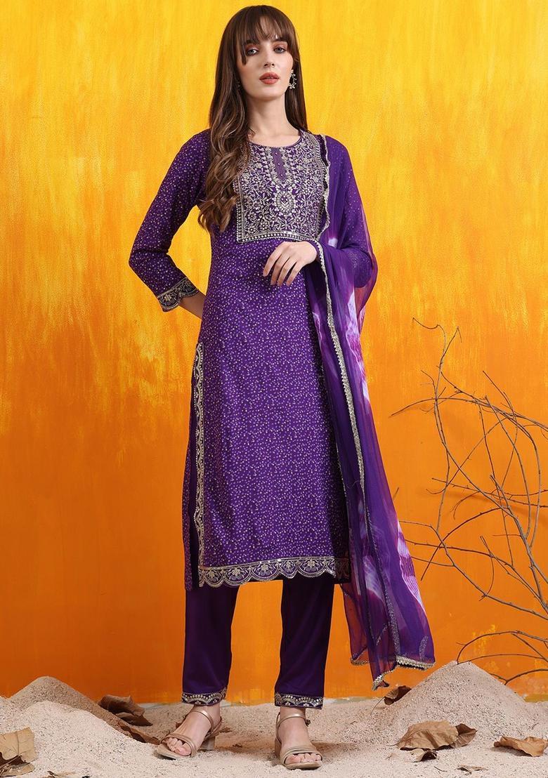 Purple Embroidered Cotton Kurta Set - Indya