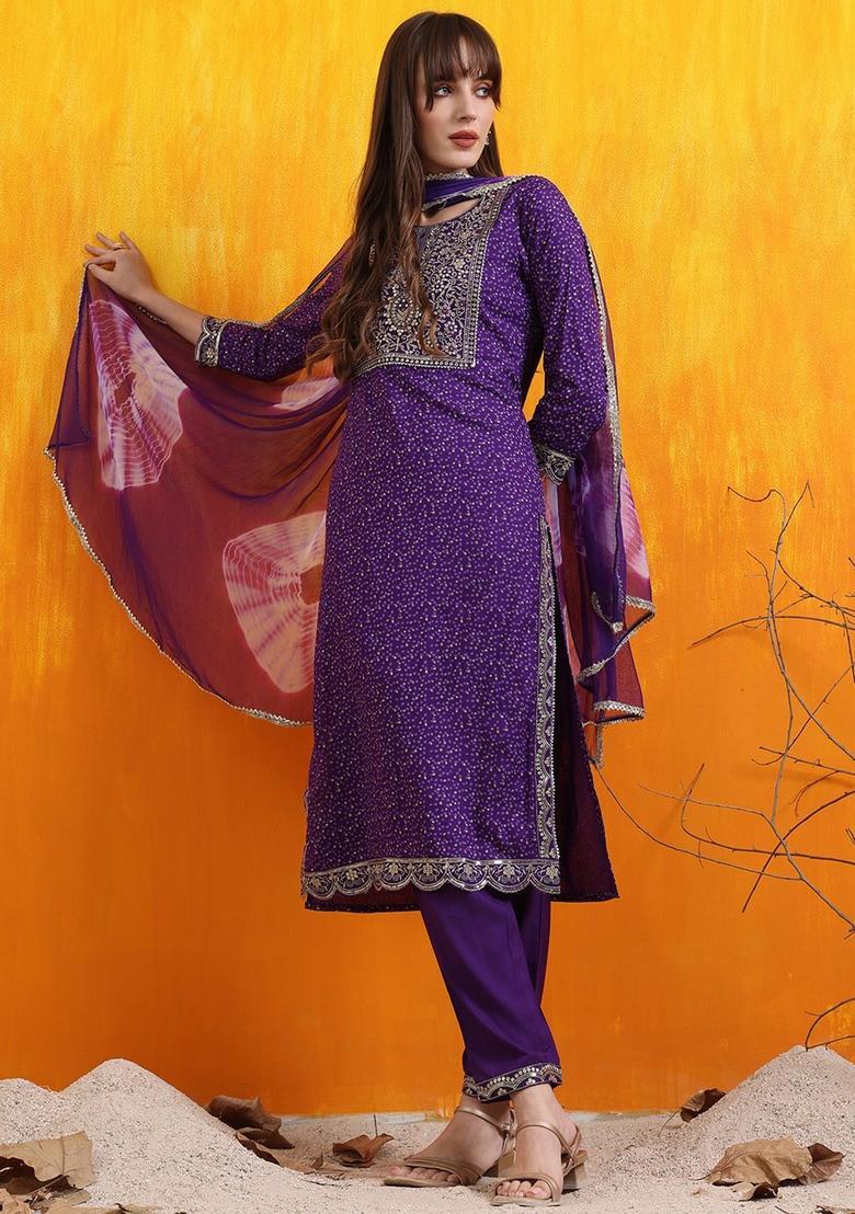 Purple Embroidered Cotton Kurta Set - Indya