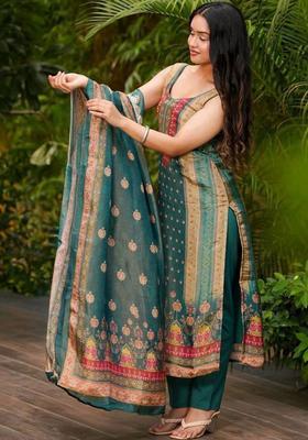 Green Printed Silk Kurta Set