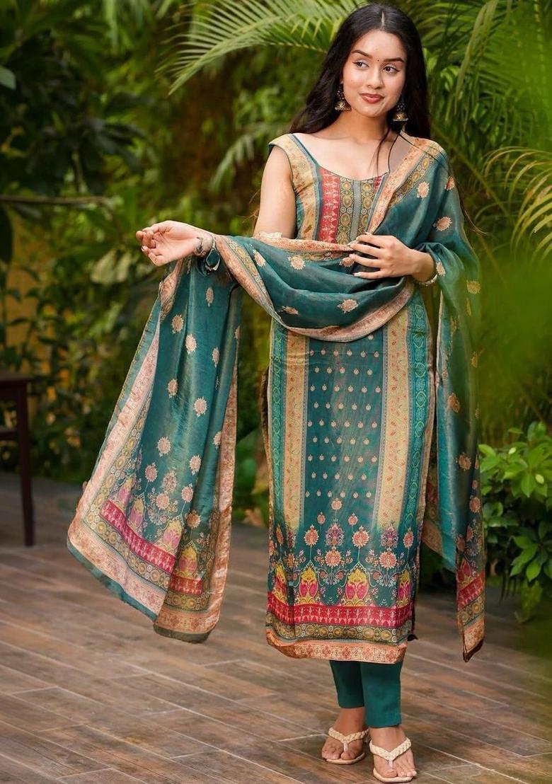 Green Printed Silk Kurta Set - Indya