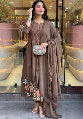 Brown Embroidered Viscose Kurta Set