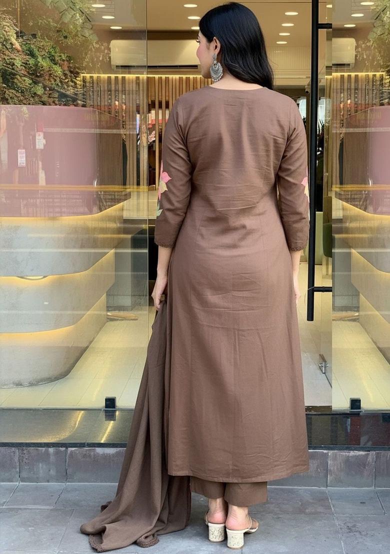 Brown Embroidered Viscose Kurta Set - Indya