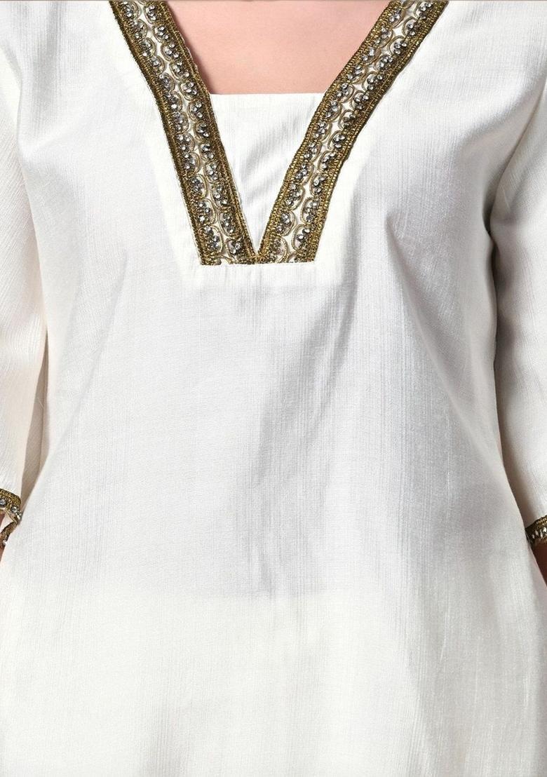 White Solid Silk Kurta Set - Indya
