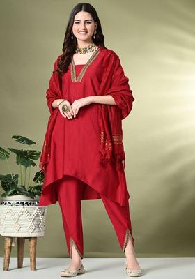 Red Yoke Design Silk Kurta Set