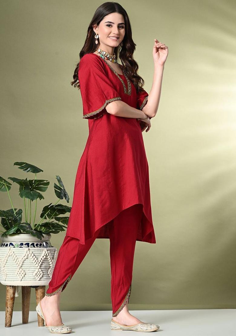 Red Yoke Design Silk Kurta Set - Indya
