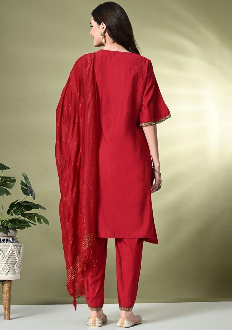 Red Yoke Design Silk Kurta Set - Indya