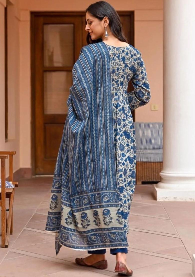 Blue Printed Viscose Kurta Set - Indya