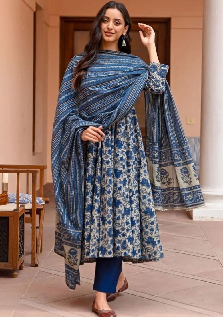 Blue Printed Viscose Kurta Set - Indya