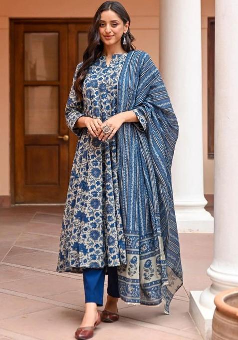 Blue Printed Viscose Kurta Set