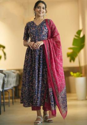 Navy Blue Printed Viscose Kurta Set