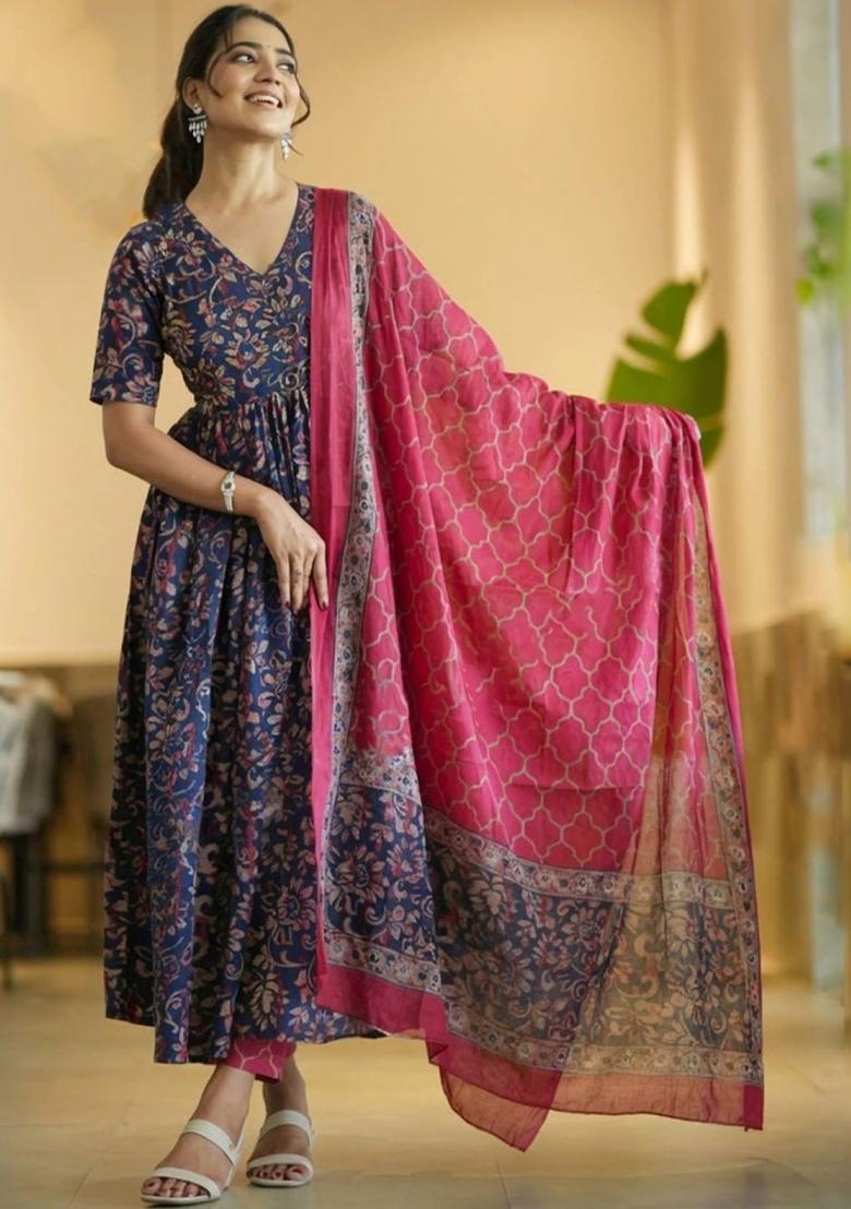 Navy Blue Printed Viscose Kurta Set - Indya