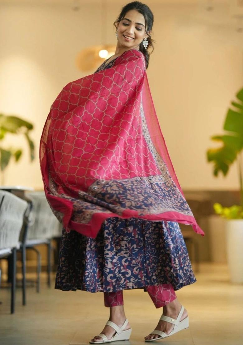 Navy Blue Printed Viscose Kurta Set - Indya