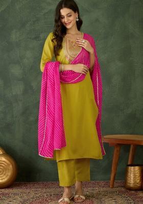 Lime Green Embroidered Viscose Kurta Set
