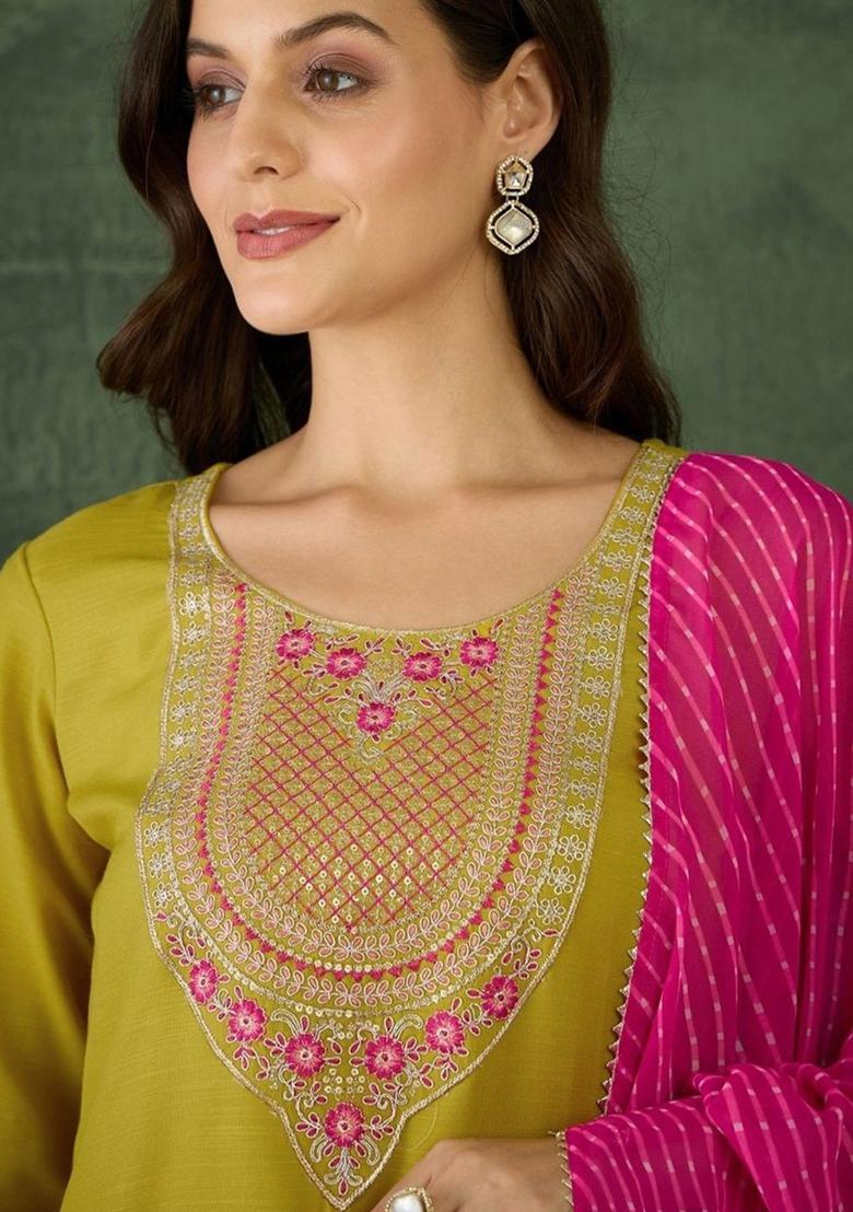 Lime Green Embroidered Viscose Kurta Set - Indya