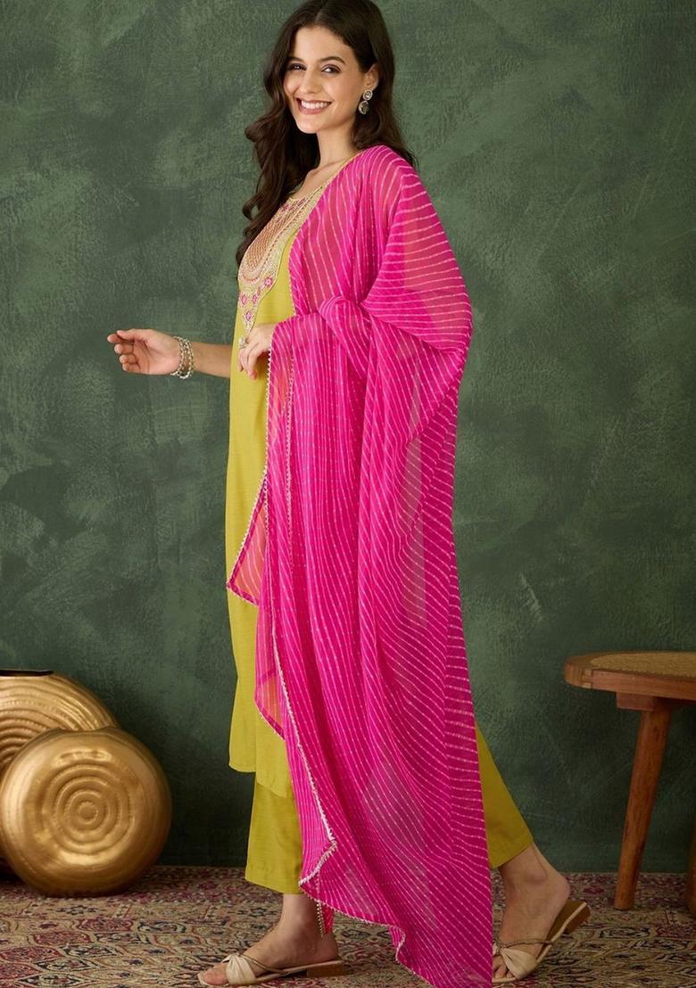 Lime Green Embroidered Viscose Kurta Set - Indya