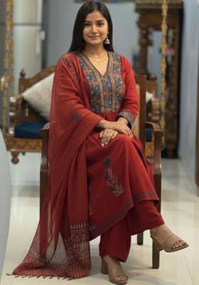 Red Embroidered Viscose Kurta Set