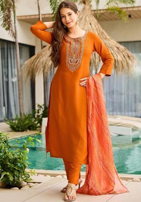 Orange Embroidered Viscose Kurta Set