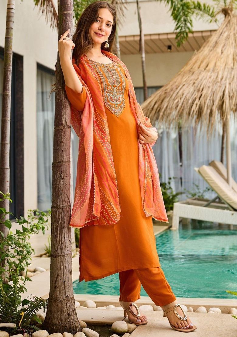 Orange Embroidered Viscose Kurta Set - Indya