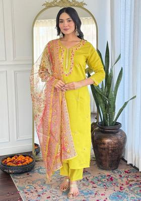 Yellow Embroidered Viscose Kurta Set