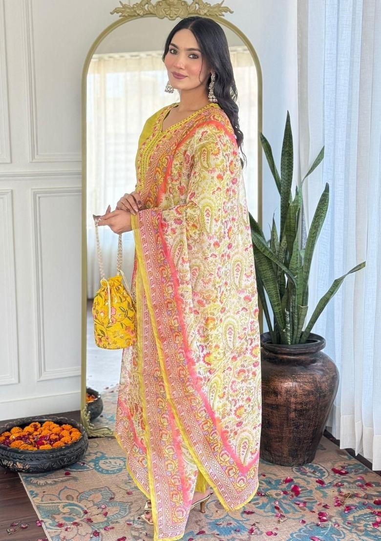 Yellow Embroidered Viscose Kurta Set - Indya