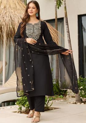 Black Embroidered Viscose Kurta Set
