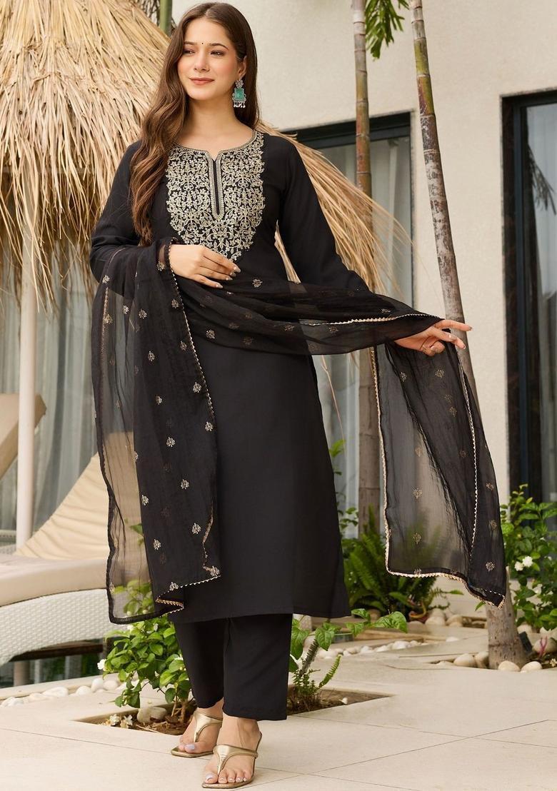 Black Embroidered Viscose Kurta Set - Indya