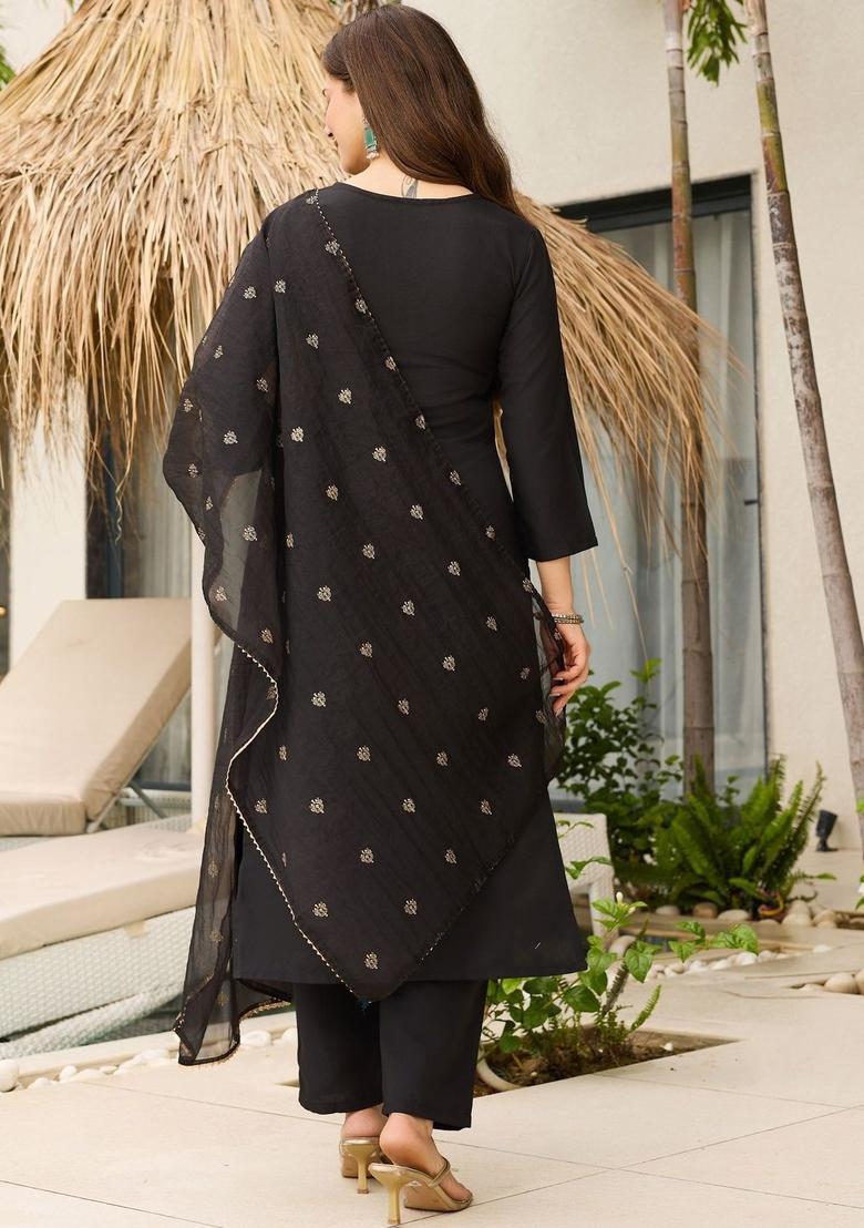 Black Embroidered Viscose Kurta Set - Indya