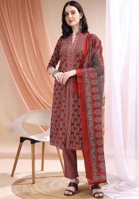 Maroon Printed Cotton Kurta Set