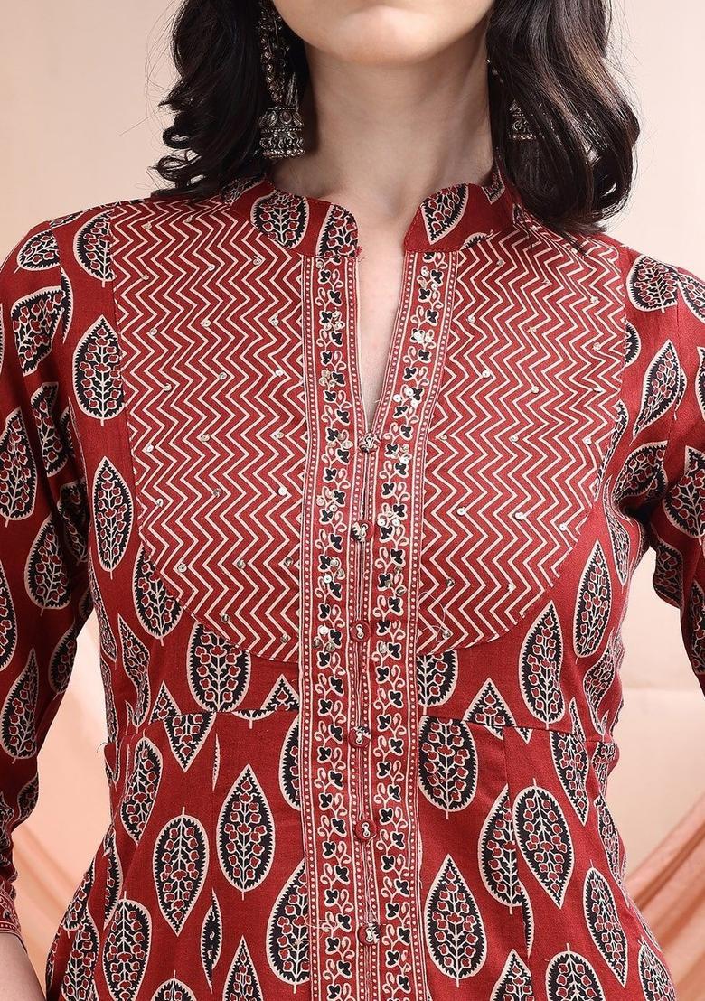 Maroon Printed Cotton Kurta Set - Indya