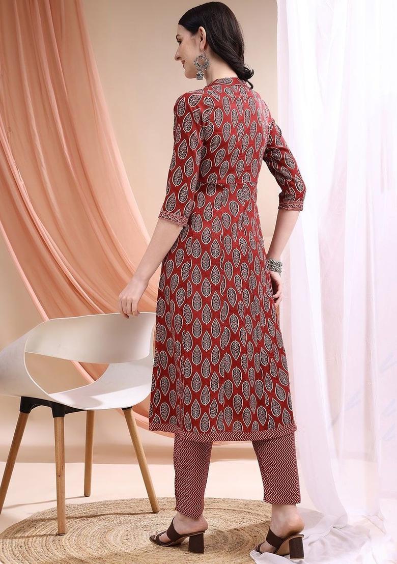 Maroon Printed Cotton Kurta Set - Indya