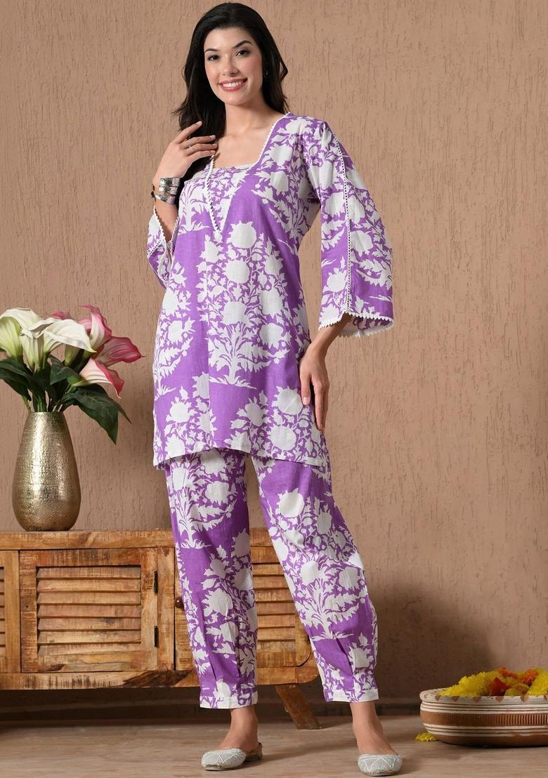 Purple Printed Cotton Kurta Set - Indya