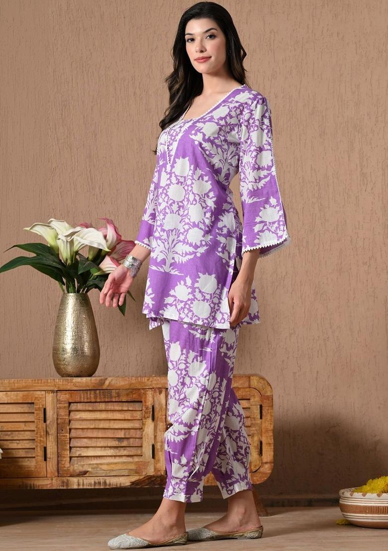 Purple Printed Cotton Kurta Set - Indya