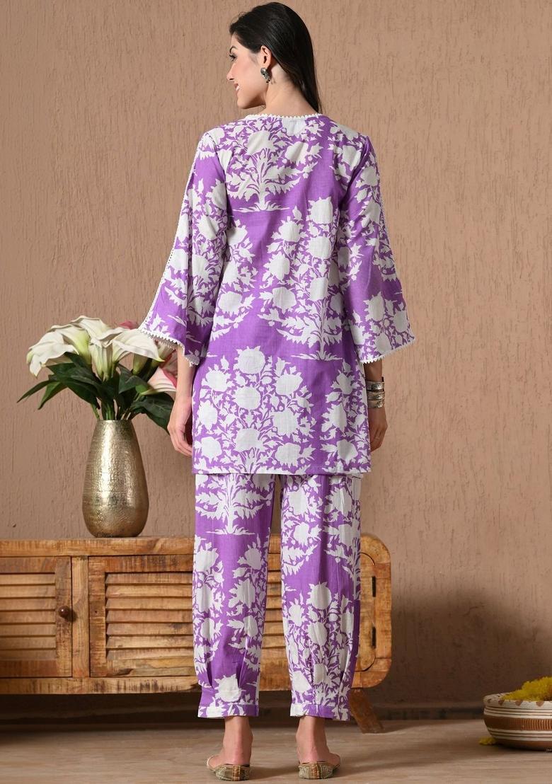 Purple Printed Cotton Kurta Set - Indya