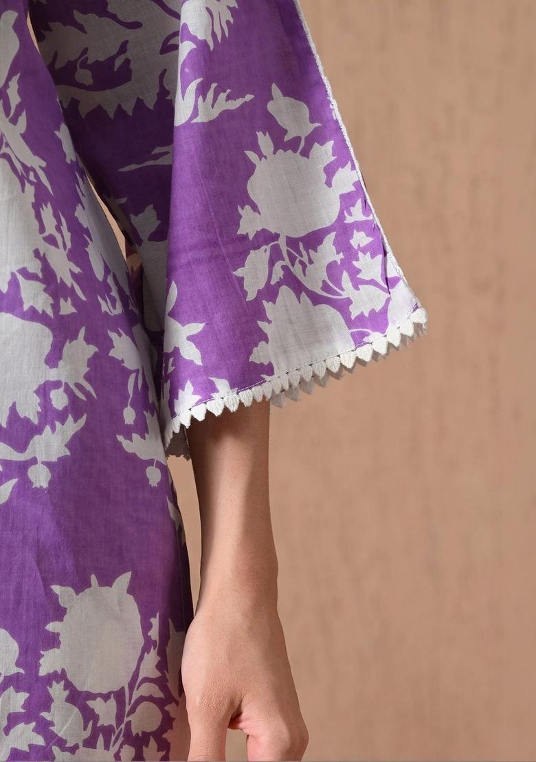 Purple Printed Cotton Kurta Set - Indya