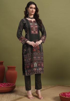 Olive Printed Polyester Kurta Set