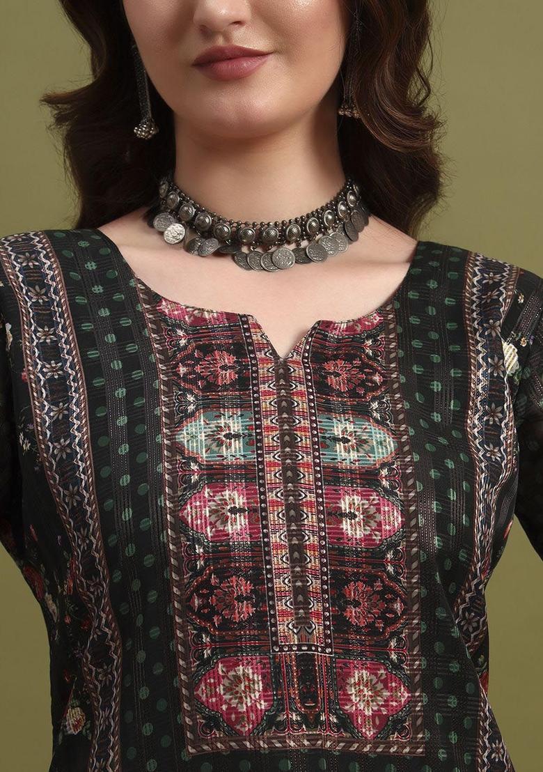 Olive Printed Polyester Kurta Set - Indya