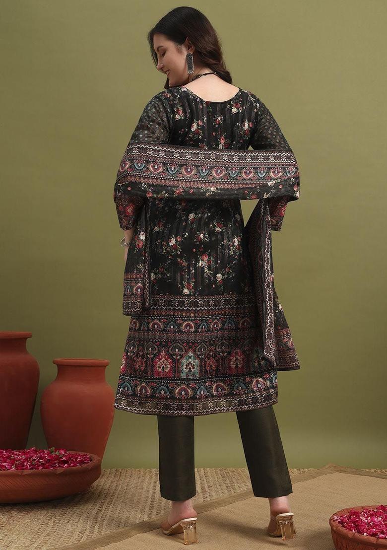Olive Printed Polyester Kurta Set - Indya