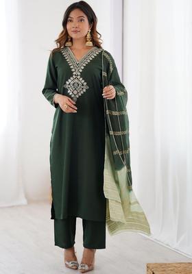 Green Embroidered Polyester Kurta Set