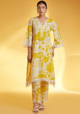 Yellow Printed Cotton Kurta Set