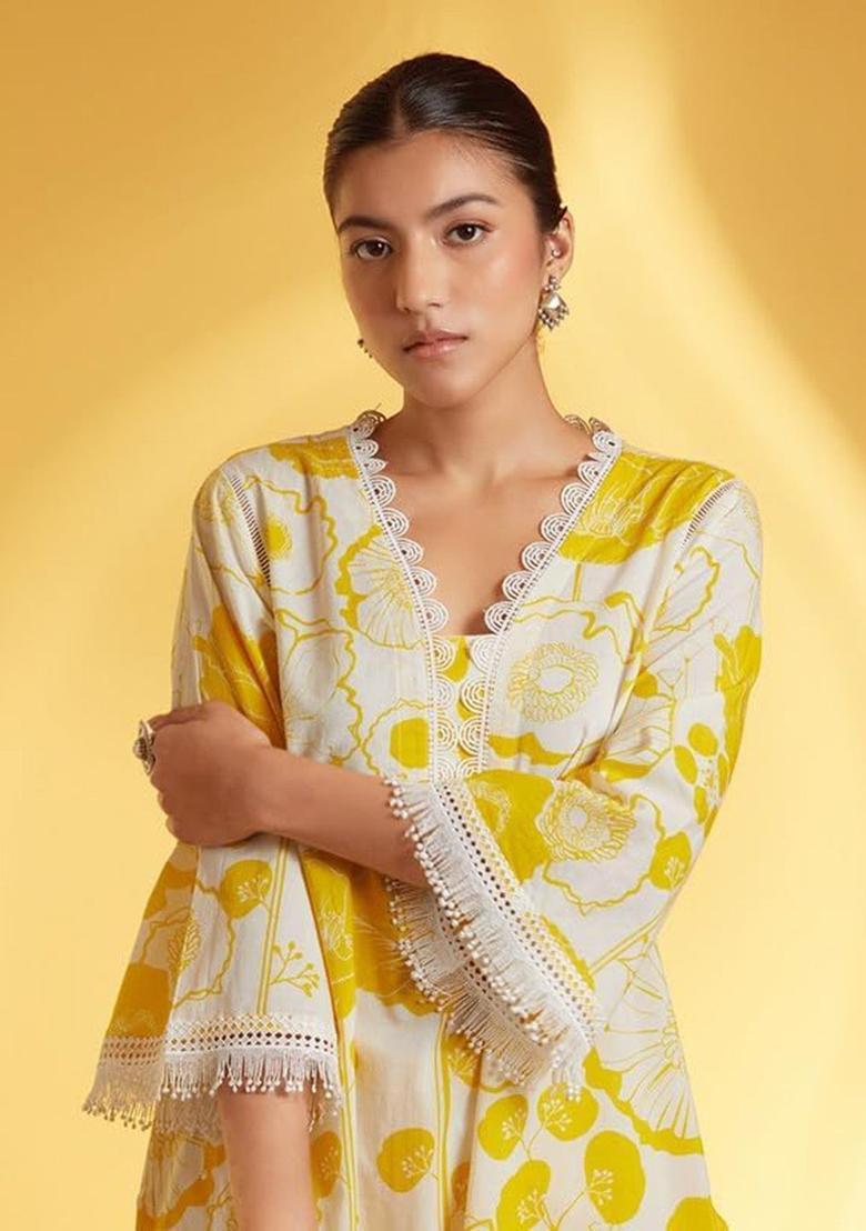 Yellow Printed Cotton Kurta Set - Indya
