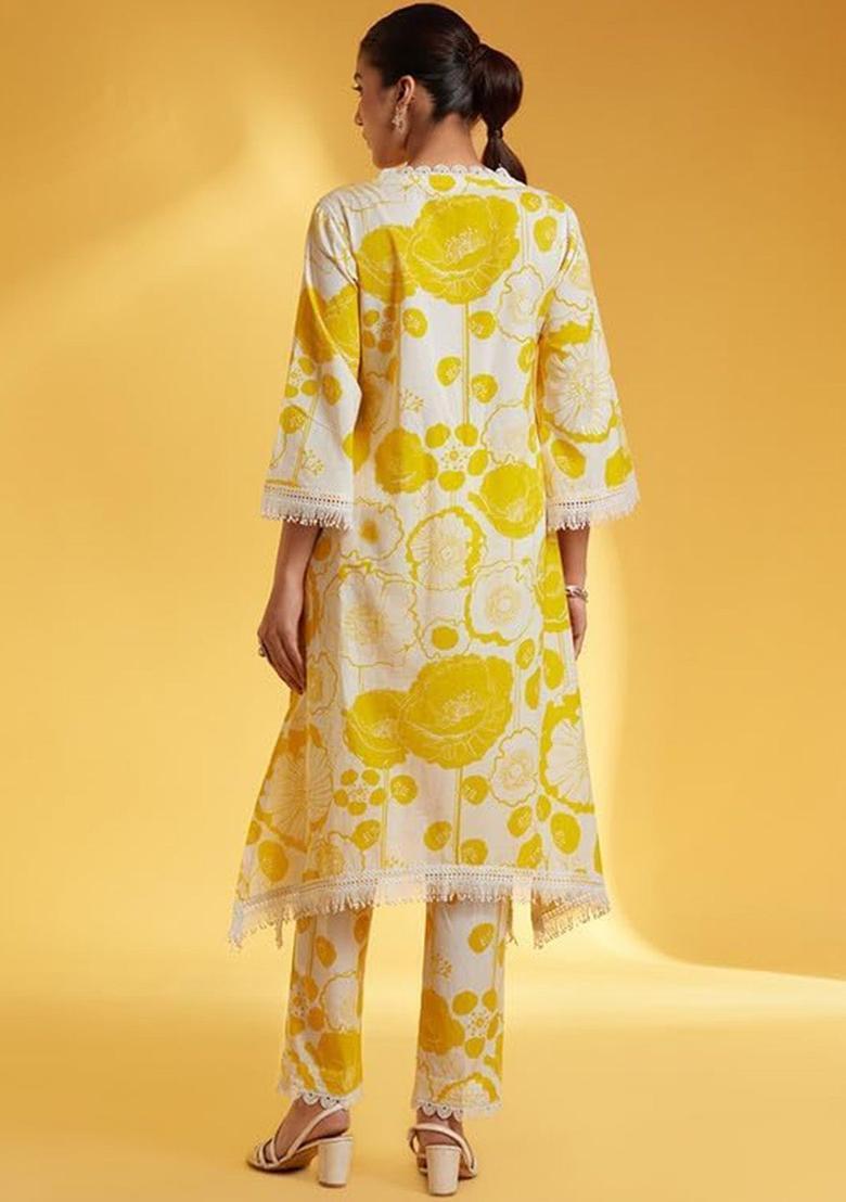 Yellow Printed Cotton Kurta Set - Indya