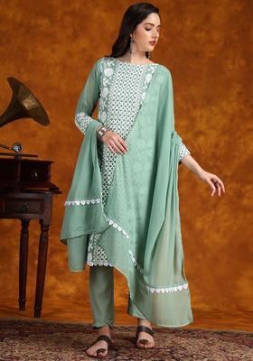 Green Embroidered Georgette Kurta Set