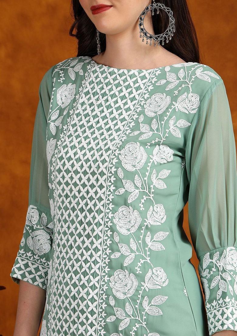 Green Embroidered Georgette Kurta Set - Indya