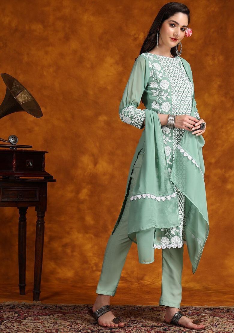Green Embroidered Georgette Kurta Set - Indya