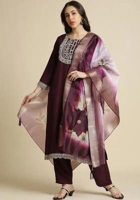 Maroon Embroidered Silk Kurta Set