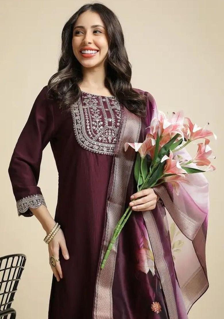Maroon Embroidered Silk Kurta Set - Indya