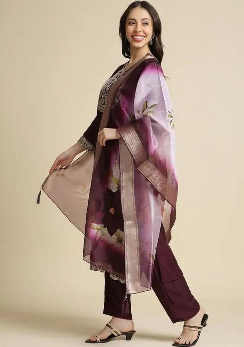 Maroon Embroidered Silk Kurta Set - Indya
