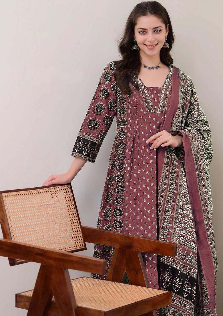 Purple Printed Viscose Anarkali Set - Indya